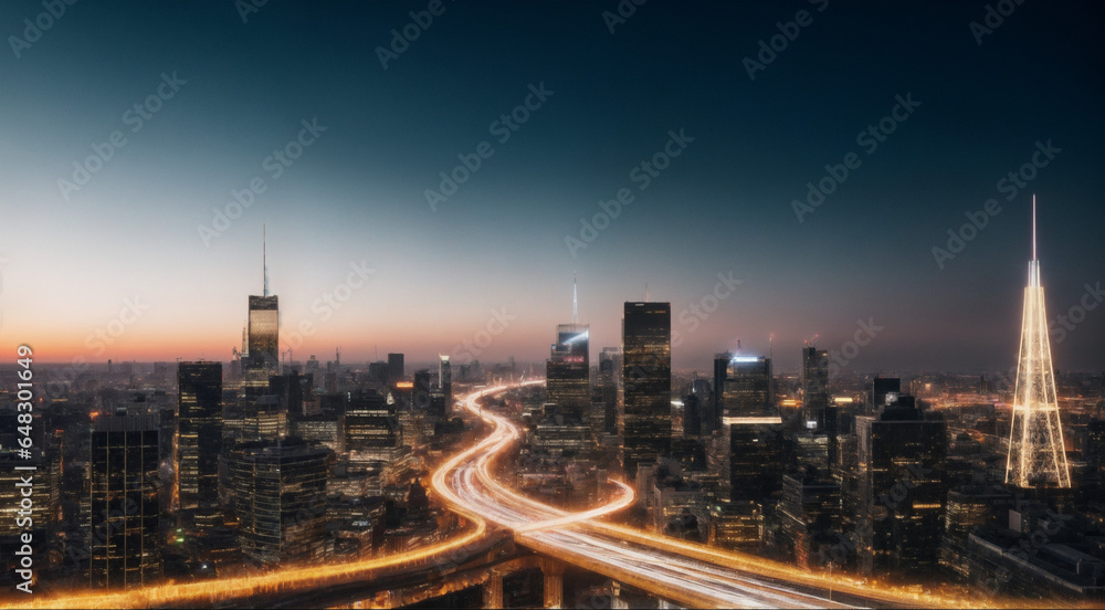 Fototapeta premium Estela de las luces de los automóviles, dejada sobre grandes autovías en el centro de una gran ciudad al anochecer.