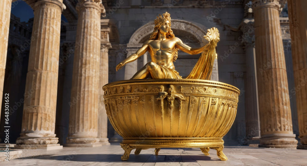 Baño de oro en un templo griego con columnas. - obrazy, fototapety, plakaty 