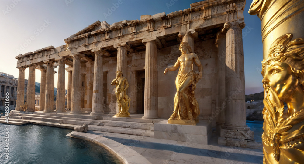 Templo griego al atardecer con piscina de aguas termales y esculturas doradas. - obrazy, fototapety, plakaty 