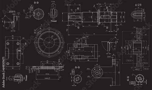 Vector engineering drawing of a steel mechanical parts with through holes.
Industrial cad scheme. Technology background.