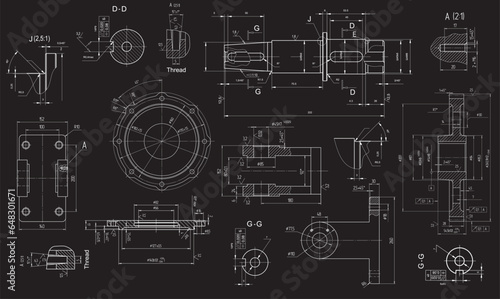Vector engineering drawing of a steel mechanical parts with through holes. Industrial cad scheme. Technology background.