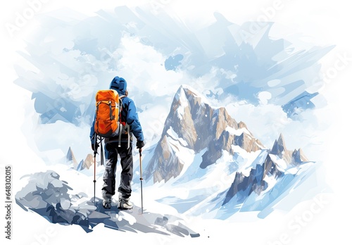 Man with backpack standing on the top of mountain and enjoying the view. Travel concept. Achieving your dreams. Digital art in watercolor style. Illustration for cover, card, interior design or print.