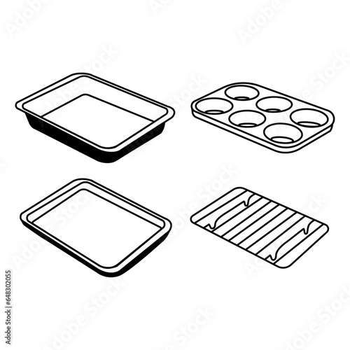 A versatile black and white vector illustration of an oven bakeware set, including a cooling rack, cookie sheet, cake pan, and muffin pan. Ideal for culinary designs and kitchen-themed projects.