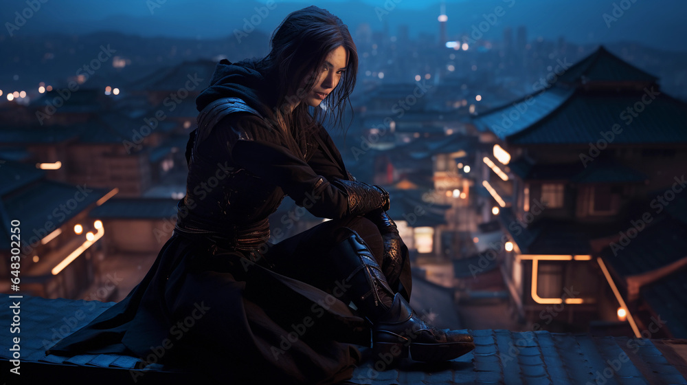 Japanese Kunoichi( female ninja) , crouched on a rooftop, holding a