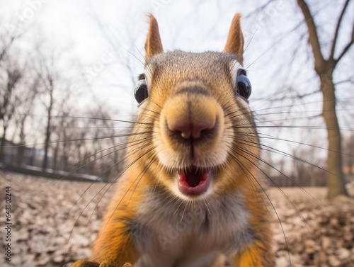 Close-up portrait of a curious squirrel. Detailed image of the muzzle. A wild animal is looking at something. Nature background. Illustration with distorted fisheye effect.