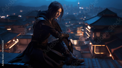 Japanese Kunoichi( female ninja) , crouched on a rooftop, holding a shuriken, overlooking an Edo - period marketplace., lantern glow