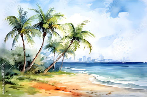 Holiday summer travel vacation illustration - Watercolor painting of palms, palm tree on the beach with ocean sea, isolated on white background