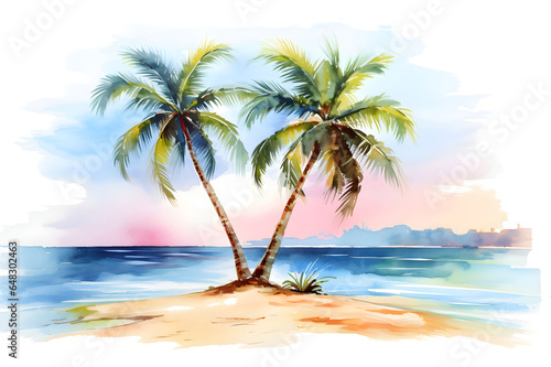 Holiday summer travel vacation illustration - Watercolor painting of palms  palm tree on the beach with ocean sea  isolated on white background