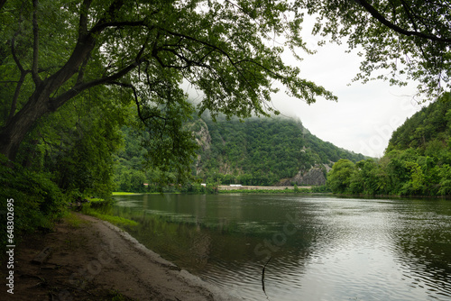 Moody morning at Delaware Water Gap  New Jersey  featuring Mount Tammany and Mount Minsi on the background and Delaware River on the foreground