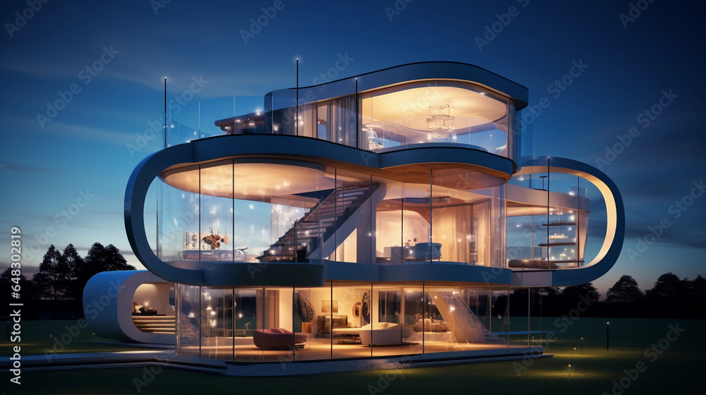 Obraz premium Luxury villa house at night. Rich resort like dream house lifestyle for investor retirement.