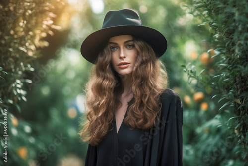 Grace Amidst Nature: A Brown-Haired Beauty in Black Dress and Hat, Posing in a Fruit Orchard, ai generative