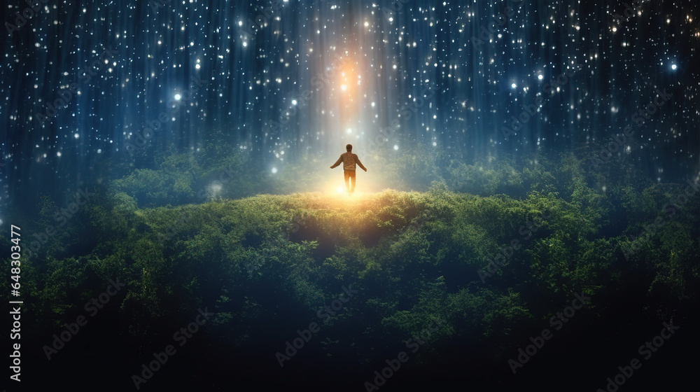 Person having a mystical experience at nature, surrounded by light and sparkles. Spiritual magic, transcendence, astral projection, and energy healing concepts. - obrazy, fototapety, plakaty 