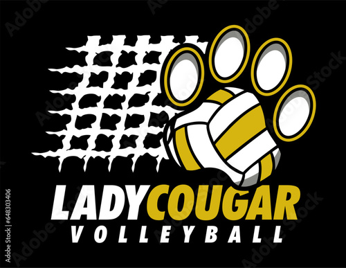 lady cougar volleyball design with paw print ball and net for school, college or league sports