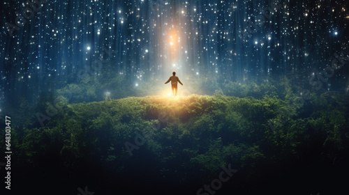 Person having a mystical experience at nature, surrounded by light and sparkles. Spiritual magic, transcendence, astral projection, and energy healing concepts.