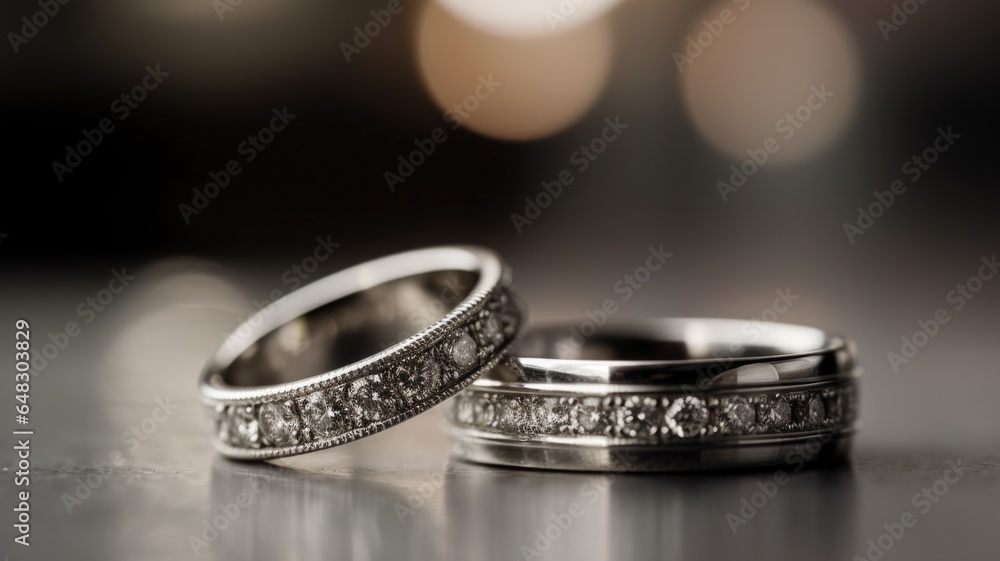 Ai generated. Close up macro two diamond engagement rings on a blurry bokeh background. wedding concept Ai generated. Close up macro two diamond engagement rings on a blurry bokeh background. wedding concept
