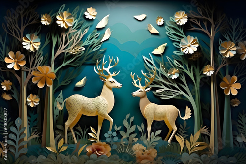 Interior mural wallpaper with dark green and golden forest trees and deer animal with birds wildlife illustration background © Carlos Montes