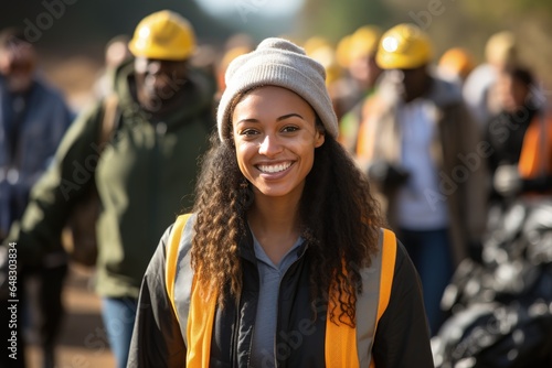 A diverse group of young people and volunteers are removing garbage and plastic from the road for recycling