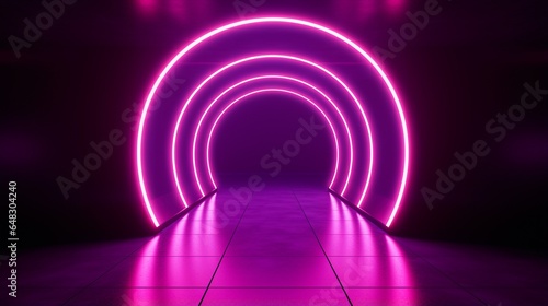 Futuristic pink blue spectrum glowing lines framed tunnel in neon lights, virtual reality, abstract portal background, fashion show stage, empty space.