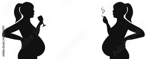 Pregnant women with cigarette and alcohol. Newborn protection concept. Vector template for prohibition banner