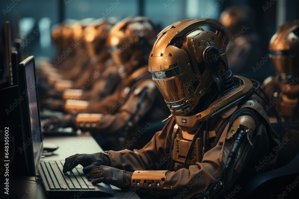 Many identical AI robots sitting at desk in the office and working with computers, one robot is looking at camera Many identical AI robots sitting at desk in the office and working with computers, one robot is looking at camera
