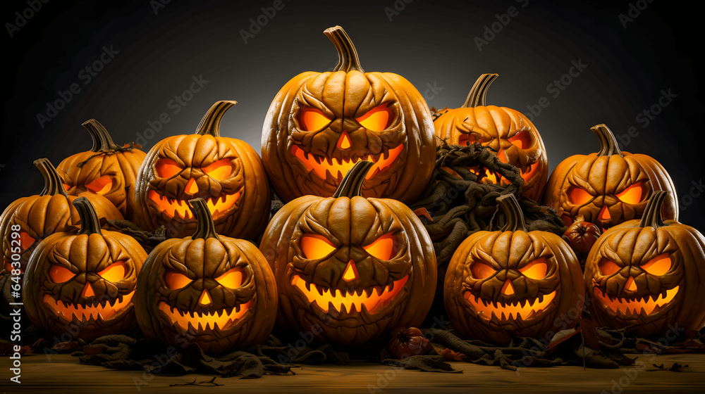 many different pumpkins against a dark background (Generative AI)