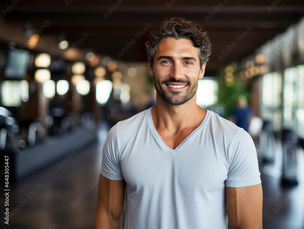 Obraz premium A portrait of a happy young man smiling radiantly in a gym environment. Fitness and muscular man in gym in style with healthy lifestyle.