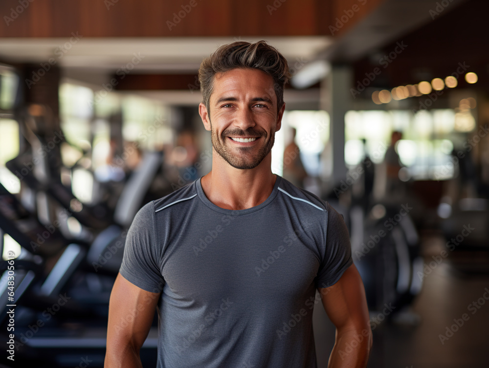 A portrait of a happy young man smiling radiantly in a gym environment. Fitness and muscular man in gym in style with healthy lifestyle. A portrait of a happy young man smiling radiantly in a gym environment. Fitness and muscular man in gym in style with healthy lifestyle.