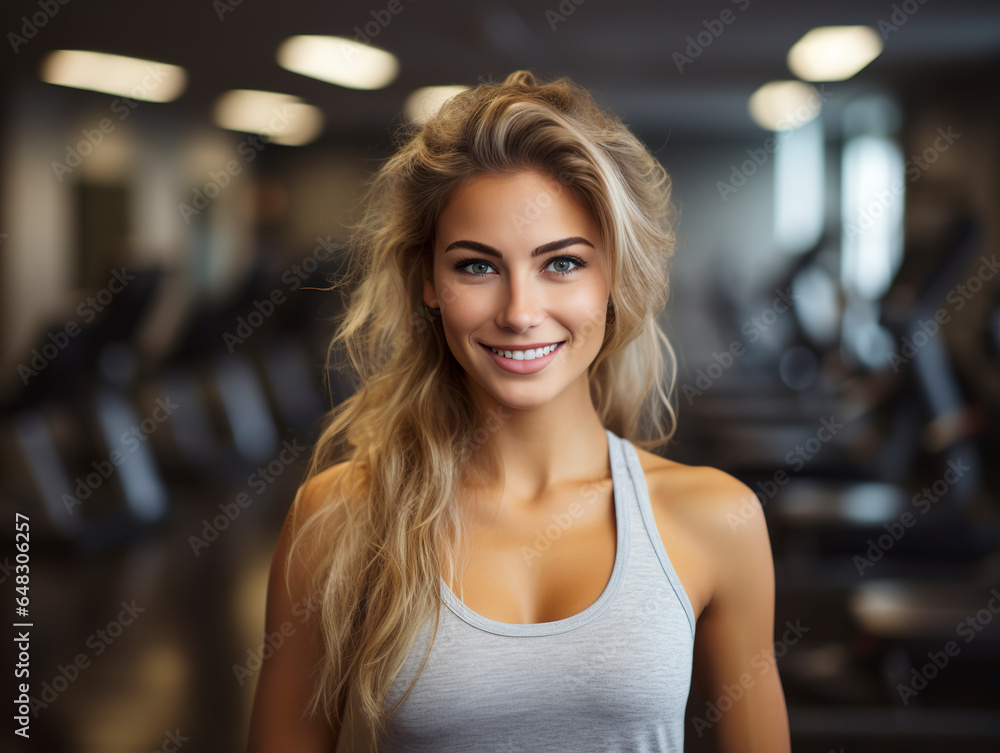 A portrait of a happy young woman smiling radiantly in a gym setting. Fitness woman in gym in healthy lifestyle.