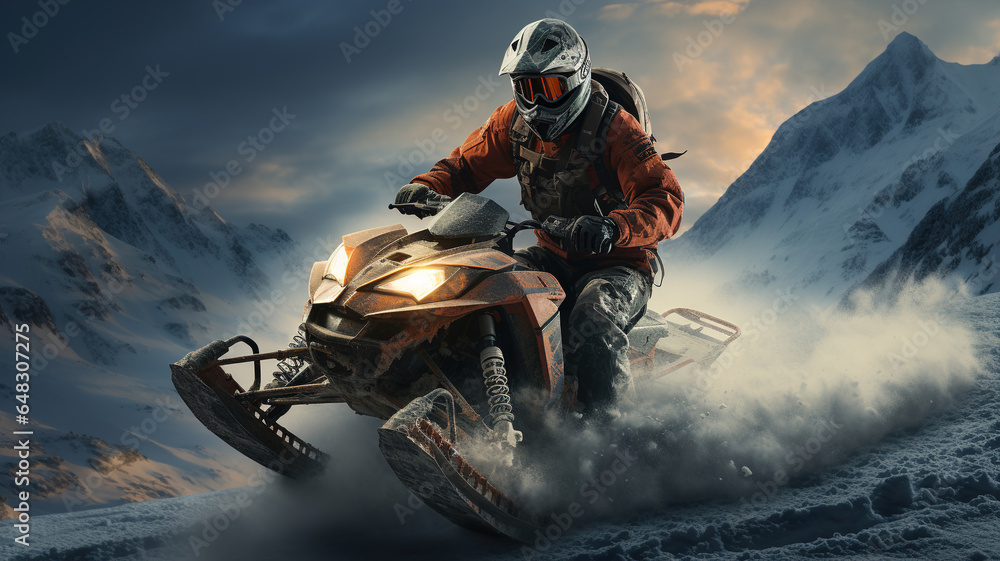 Man driving snowmobile in winter mountain background. Extreme snowmobile rider in helmet racing machine.  Winter sports fun moto extreme suit, Winter recreation Active lifestyle. generative ai - obrazy, fototapety, plakaty 