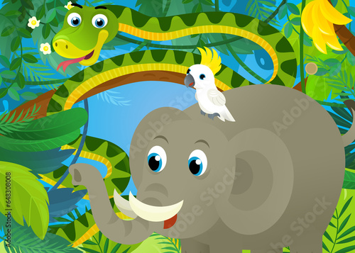 cartoon scene with jungle animals being together snake elephant and other illustration for children © honeyflavour