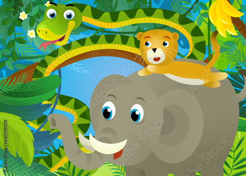 cartoon scene with jungle animals being together snake elephant and other illustration for children