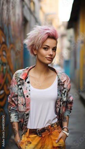 Junge Frau im Street Art Look und mit kurzen rosa Haaren geht durch eine Gasse mit Street Art Wandbildern