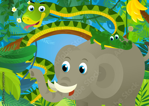 cartoon scene with jungle animals being together snake elephant and other illustration for children © honeyflavour