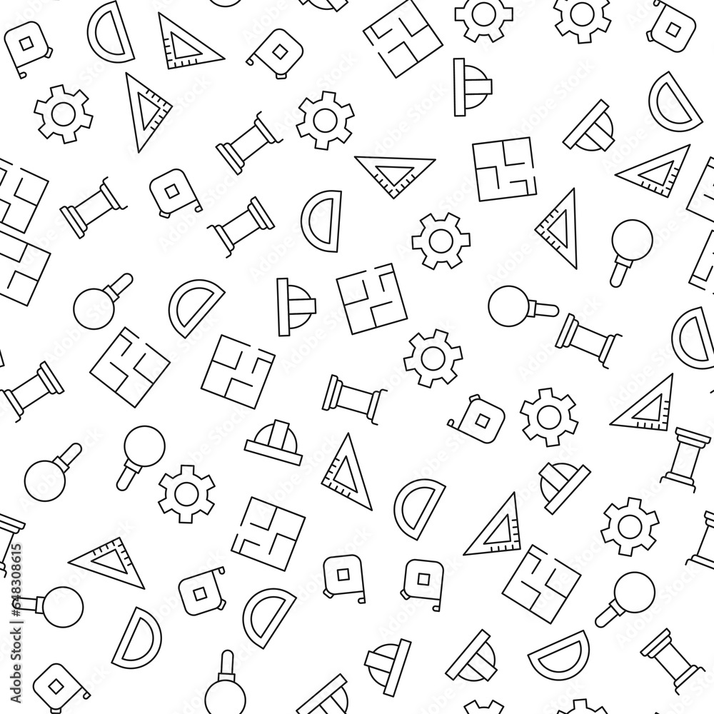 Liner, Measure Tape, Column, Floor Plan, Gear, Builders Helmet Seamless vector pattern made of line icons. Suitable for web wrapping, printing, web sites, apps Liner, Measure Tape, Column, Floor Plan, Gear, Builders Helmet Seamless vector pattern made of line icons. Suitable for web wrapping, printing, web sites, apps