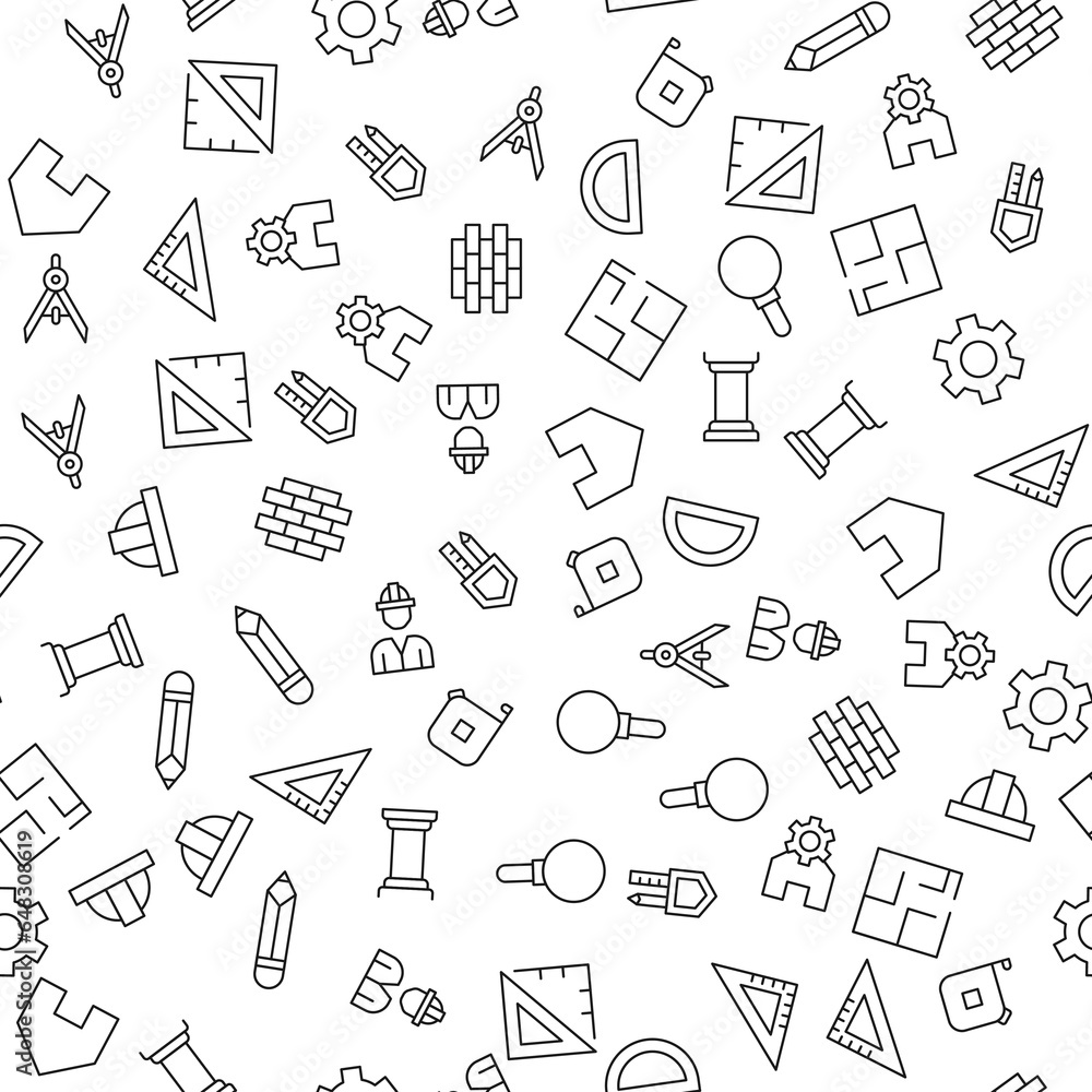 Builder, Compass, Magnifying glass, Helmet Seamless vector pattern made of line icons. Suitable for web wrapping, printing, web sites, apps Builder, Compass, Magnifying glass, Helmet Seamless vector pattern made of line icons. Suitable for web wrapping, printing, web sites, apps