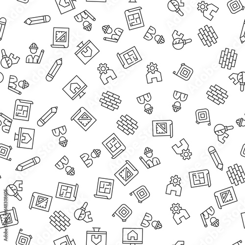 Pencil, Builder, Gear over House, Floor Plan Seamless vector pattern made of line icons. Suitable for web wrapping, printing, web sites, apps