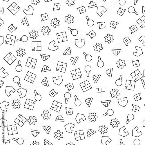 Magnifying Glass, Measure tape, Cogwheel, House, Floor plan Seamless vector pattern made of line icons. Suitable for web wrapping, printing, web sites, apps