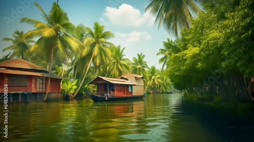 Concept of a houseboat in Kerala stat backwaters in India, a tropical paradise, Generative AI image. photo
