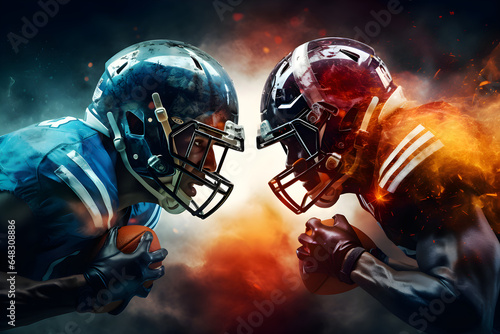 Super bowl players versus. American football player. Sportsman with ball in helmet on stadium in action. Sport and motivation