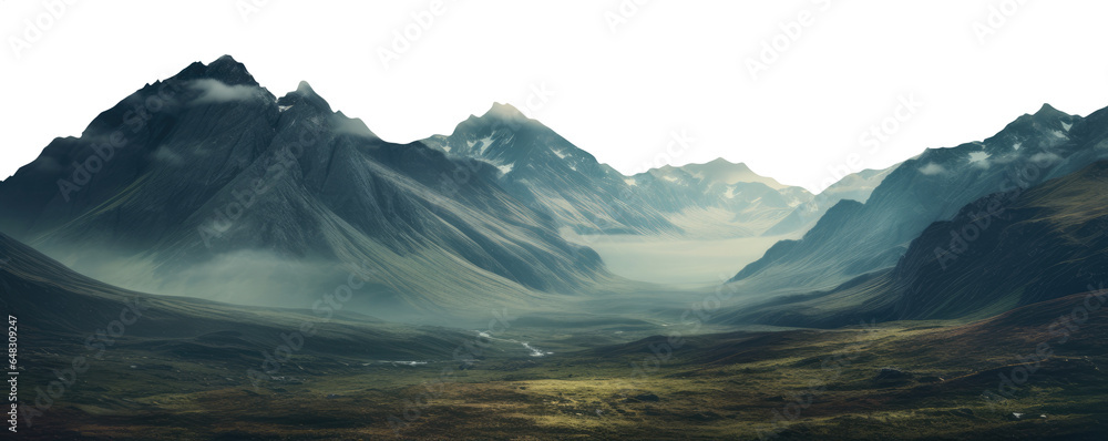 transparent PNG. a panoramic wide shot of a range of mountains. green valley. fantasy landscape. 