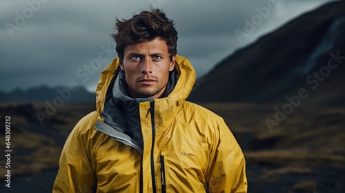 Portrait of a man in a yellow jacket in Iceland