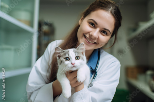 A beautiful female vet nurse doctor examining a cute happy cat making medical tests in a veterinary clinic. animal pet health checkup