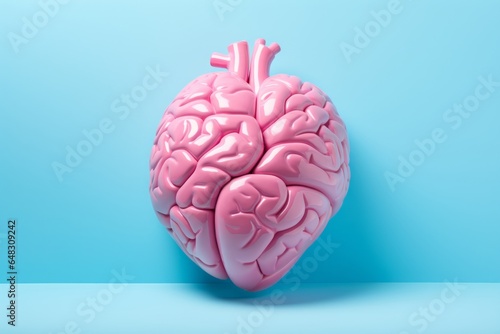 Plastic weird 3d model of brain shaped pink human heart. Minimal concept of thinking with your heart and not your head, being in love, or heart-brain connection and balance between logic and emotions photo