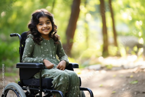 A beautiful young cute model handicapped kid girl sitting in a wheelchair. child can't walk after a back spine injury. in a park with nature and trees in background © Anastasiia