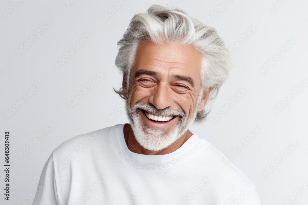 A closeup photo portrait of a beautiful elderly senior old mature model man grey hair laughing and smiling. morning skin care routine cosmetics. isolated on white background. A closeup photo portrait of a beautiful elderly senior old mature model man grey hair laughing and smiling. morning skin care routine cosmetics. isolated on white background.