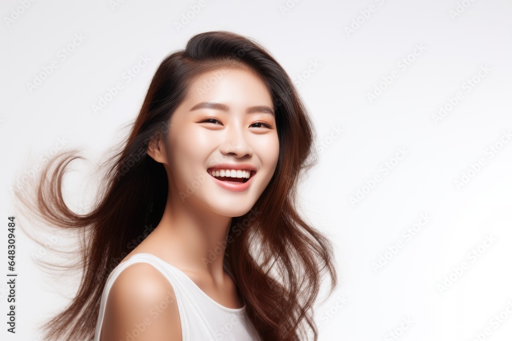 A closeup photo portrait of a beautiful young asian model woman laughing and smiling with clean teeth. used for a dental ad. isolated on white background A closeup photo portrait of a beautiful young asian model woman laughing and smiling with clean teeth. used for a dental ad. isolated on white background