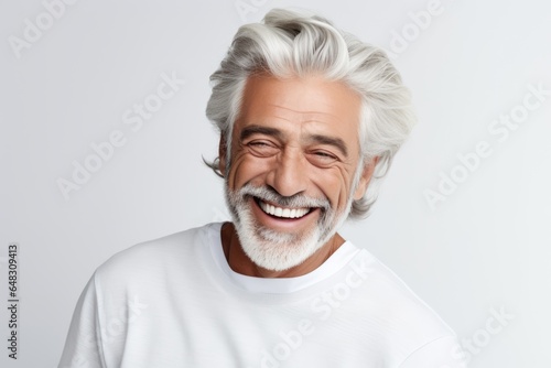 A closeup photo portrait of a beautiful elderly senior old mature model man grey hair laughing and smiling. morning skin care routine cosmetics. isolated on white background.