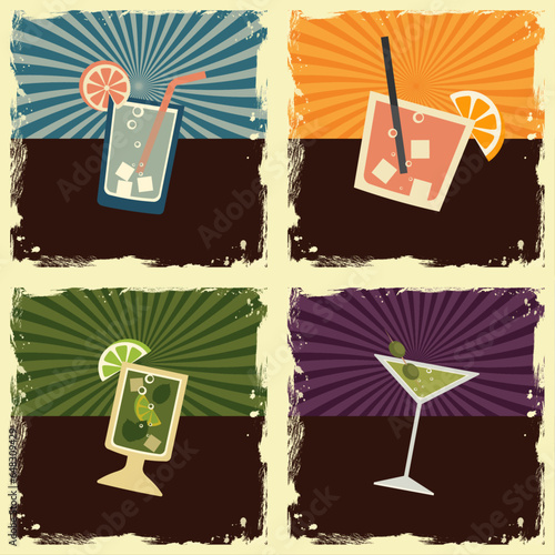 Set of four drinks in vintage style. Martini, coda and mojito