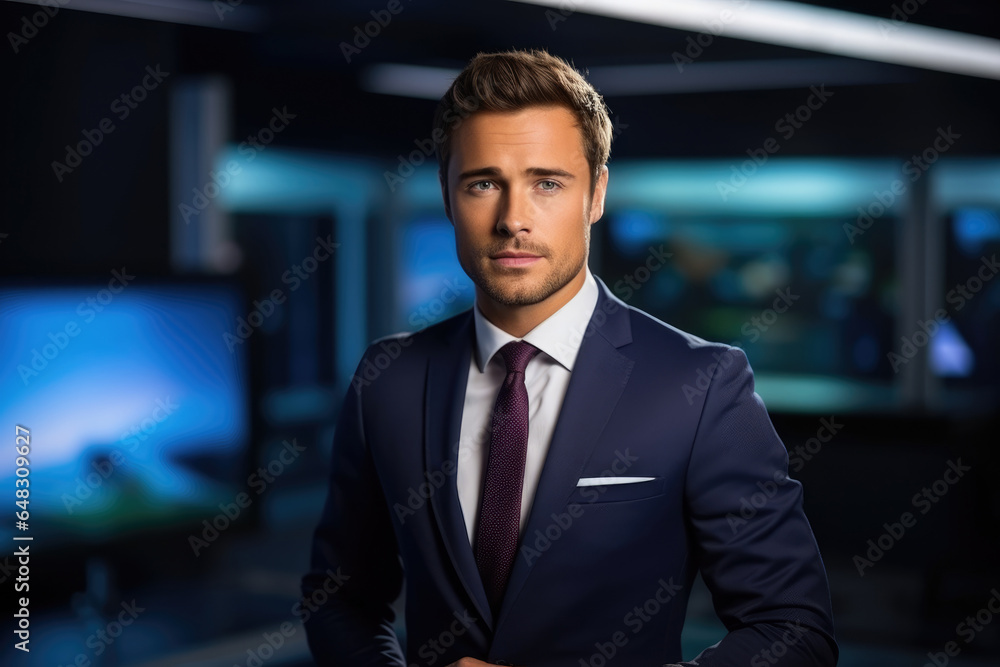 A photo of a tv news presenter on a popular channel. live stream broadcast on television. handsome white american british guy in a suit. weather forecast in a studio