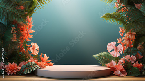 Minimal background for product display  white podium with flowers and leaf background  backdrop